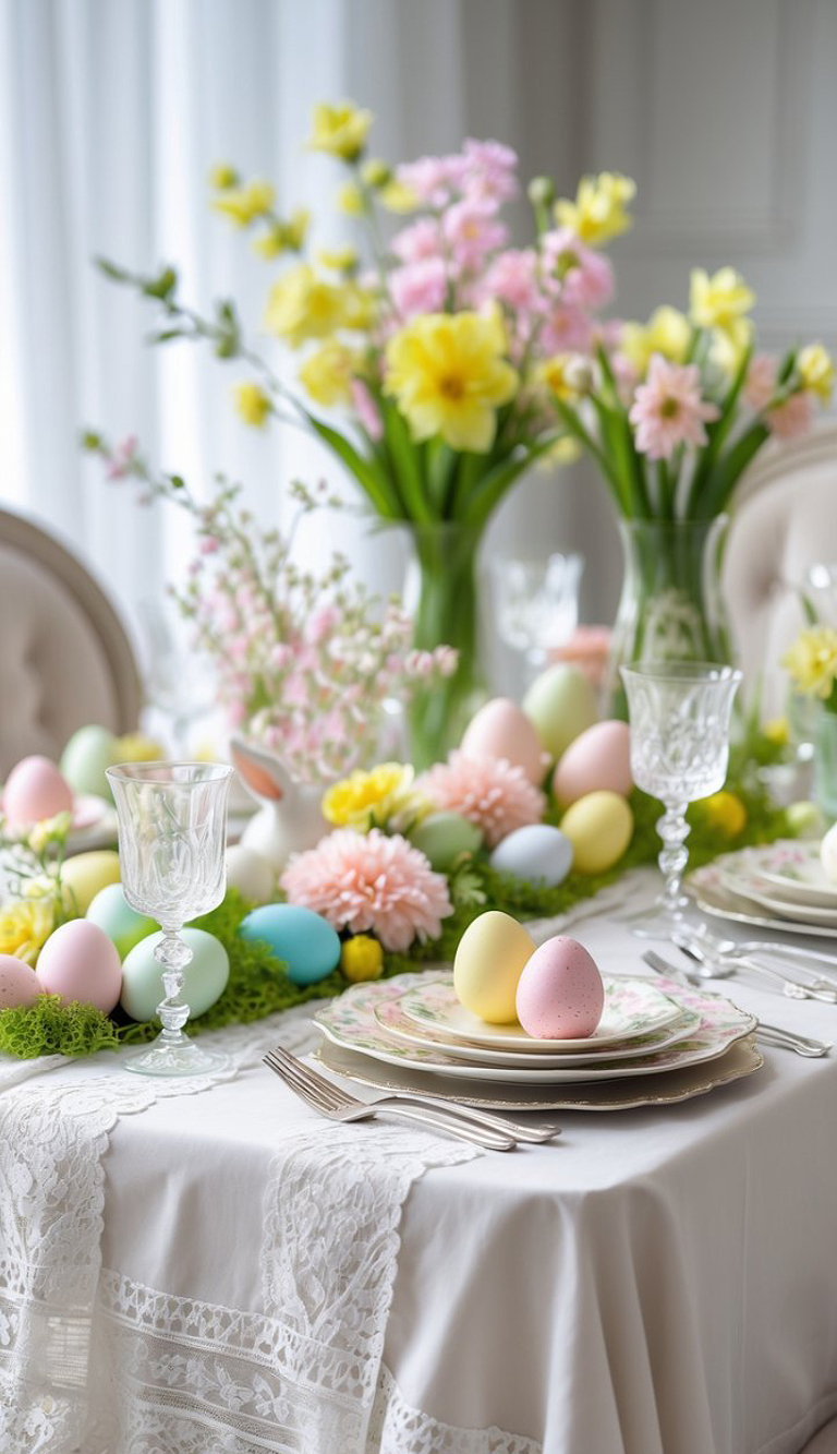 A decorated table with pastel-colored Easter eggs, floral arrangements, glassware, and plates set on a white lace tablecloth.