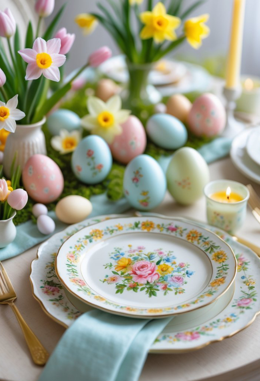 A table set with floral china, pastel-colored Easter eggs, fresh daffodils, a yellow candle, and a light blue napkin, creating a spring-themed arrangement.