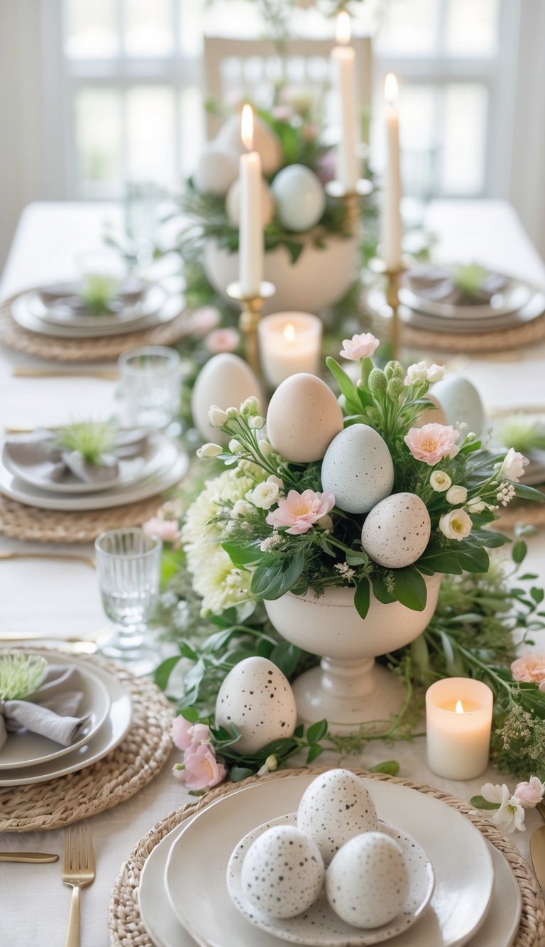 A decorated dining table features ceramic eggs, floral arrangements, candles, and neatly set plates and utensils, creating an elegant, festive centerpiece display.