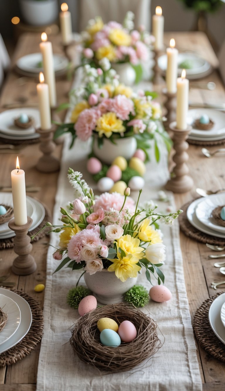 A wooden dining table set for Easter with pastel flowers, candles, plates, and decorative nests filled with colorful eggs.
