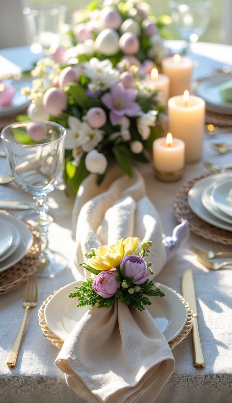 A decorated dining table with floral centerpieces, lit candles, elegant tableware, and a napkin with flowers on a plate, set for a formal gathering.