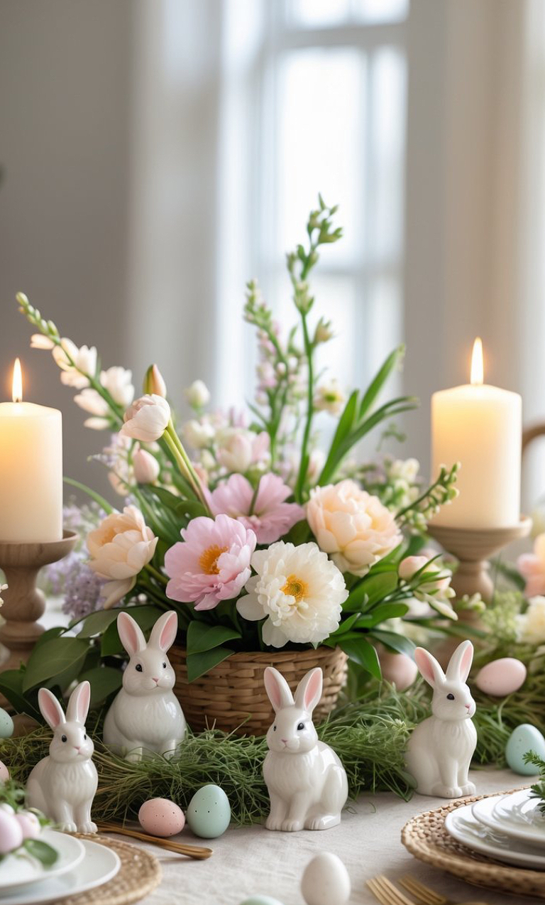 A dining table decorated with candles, pastel flowers in a basket, ceramic bunny figurines, and Easter eggs, set in a sunlit room.