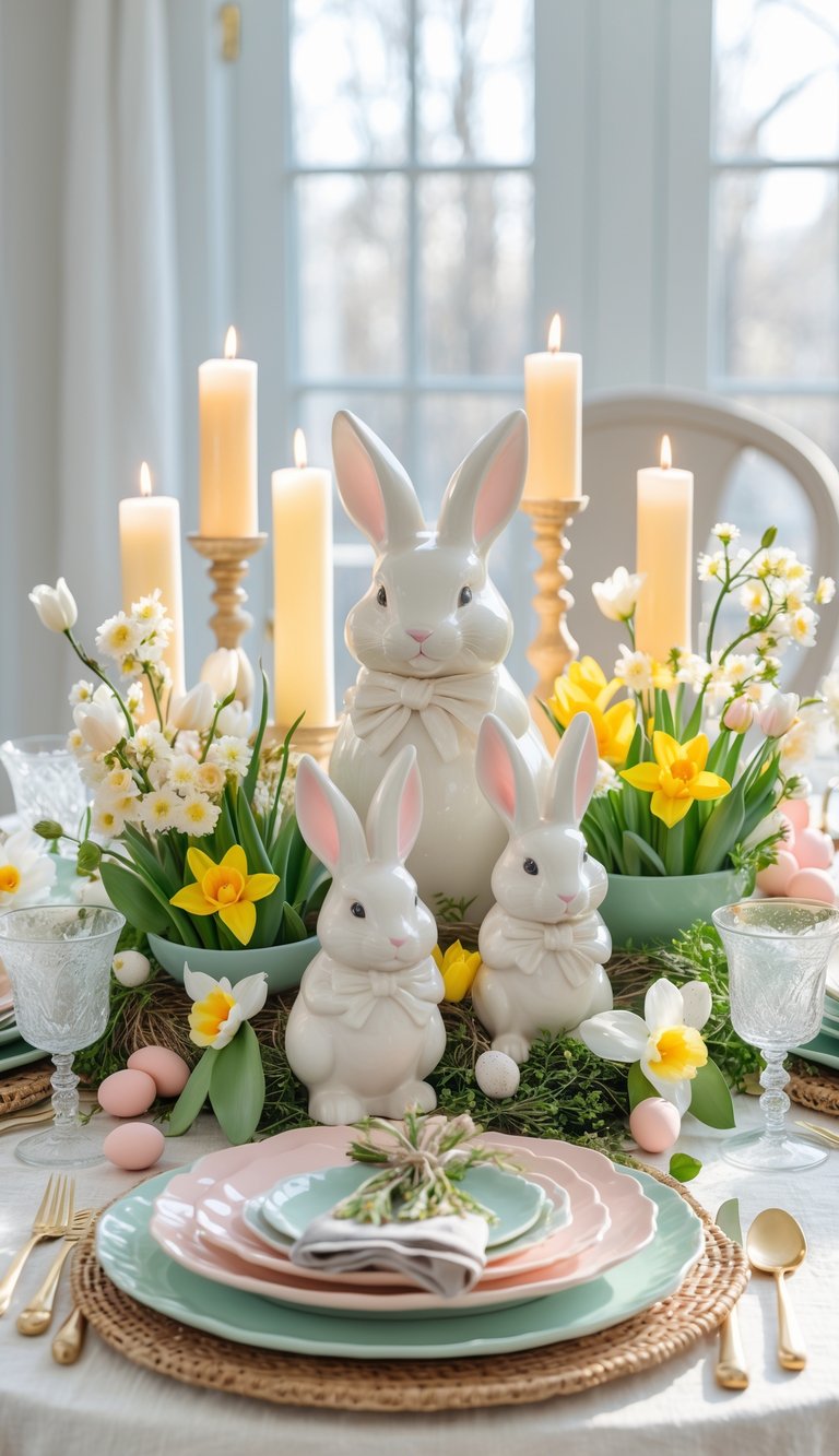 A spring-themed table setting with ceramic bunny figurines, lit candles, yellow flowers, pastel eggs, and neatly arranged plates and glasses.
