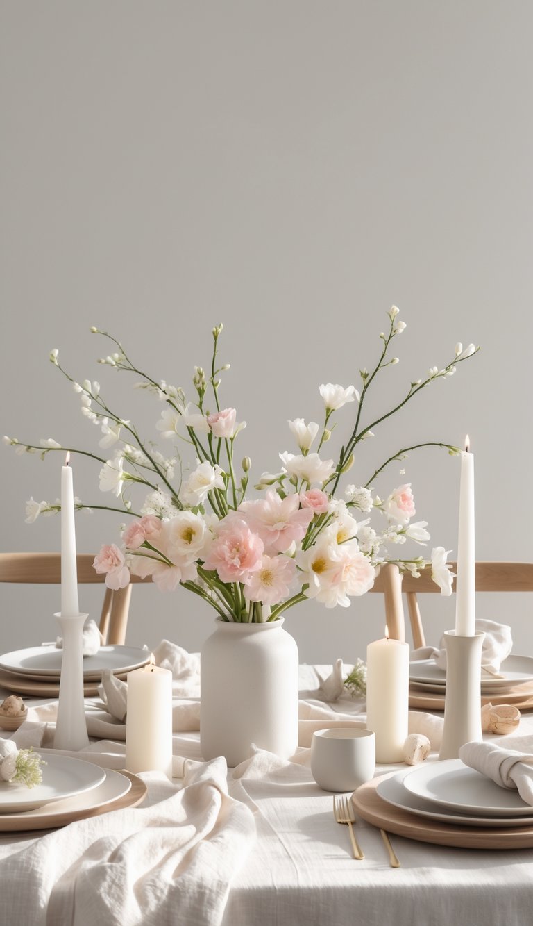 A dining table set with white dishes, gold cutlery, beige napkins, candles, and a white vase holding pink and white flowers.
