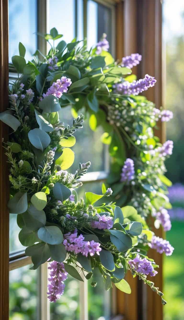 A wreath made of green leaves and purple flowers hangs on a window, with sunlight streaming in and a garden visible outside.