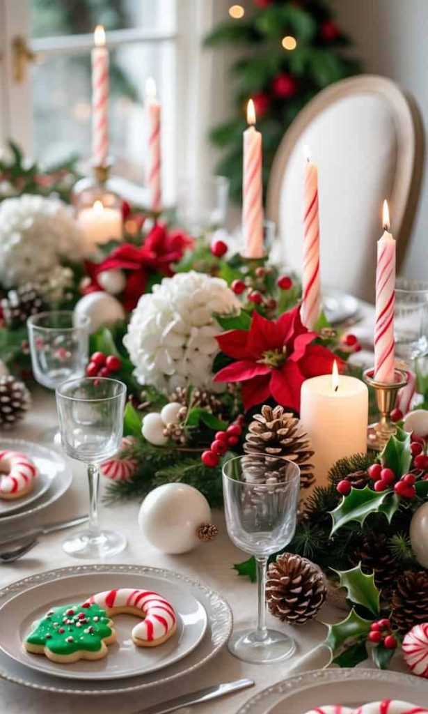 A festive holiday table is set with decorated cookies, pinecones, red and white candles, poinsettias, and greenery, creating a cheerful and elegant Christmas ambiance.