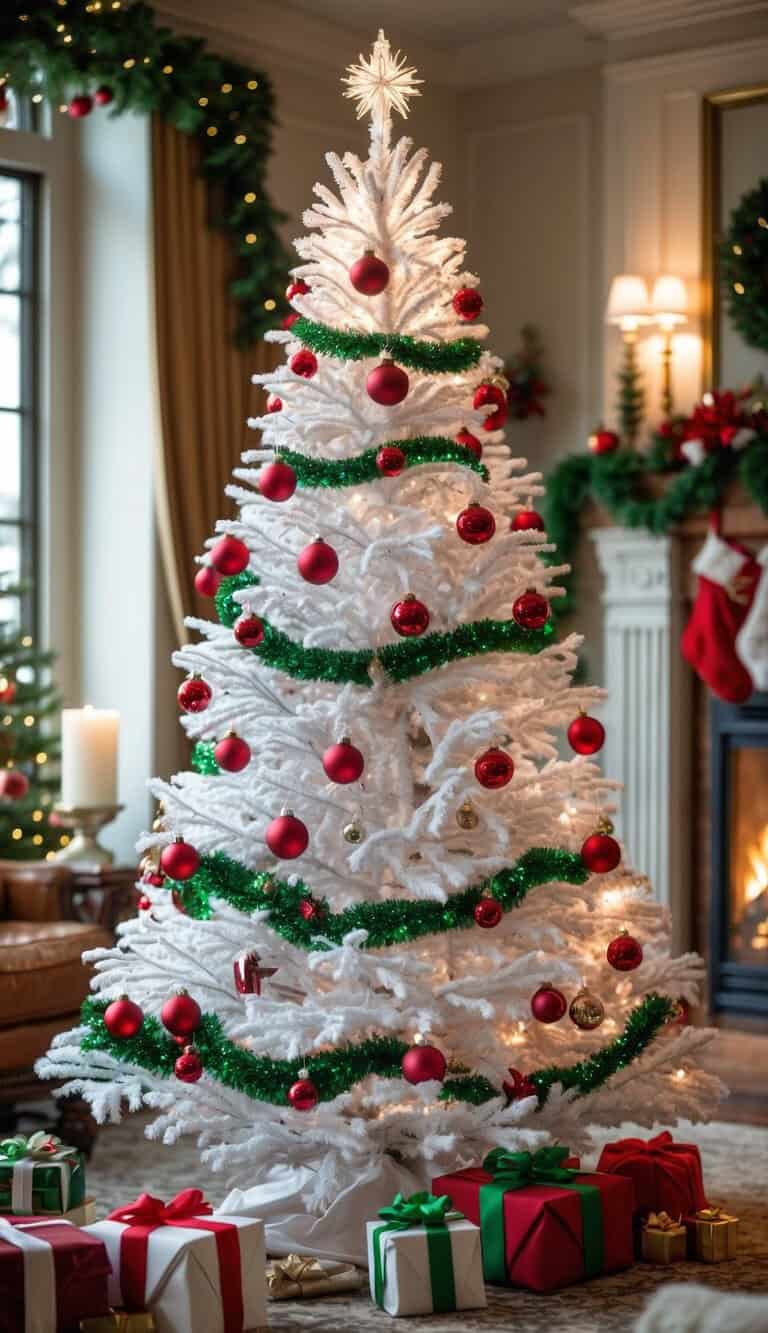 A white Christmas tree decorated with red ornaments and green garland stands in a living room with wrapped gifts underneath and a fireplace in the background.