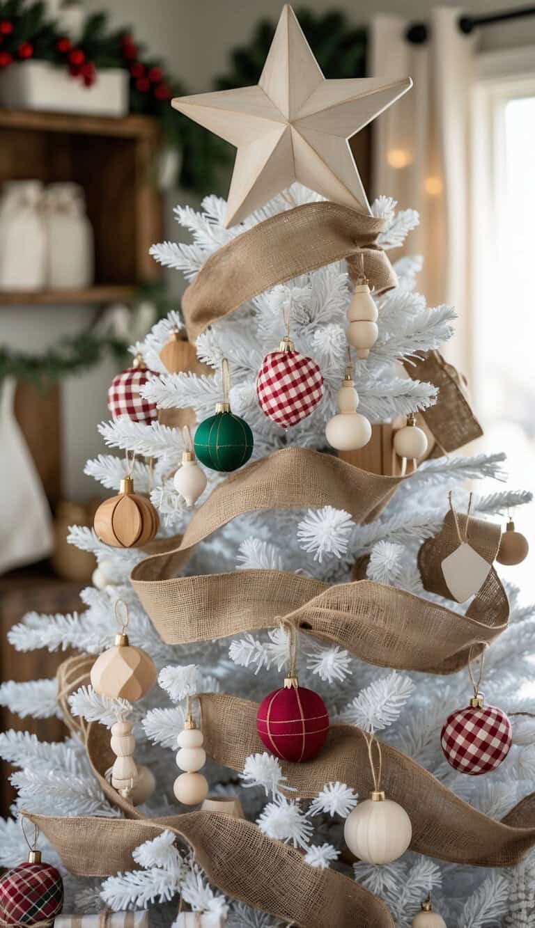 A white artificial Christmas tree decorated with burlap ribbon, wooden ornaments, red and green plaid balls, and topped with a wooden star.
