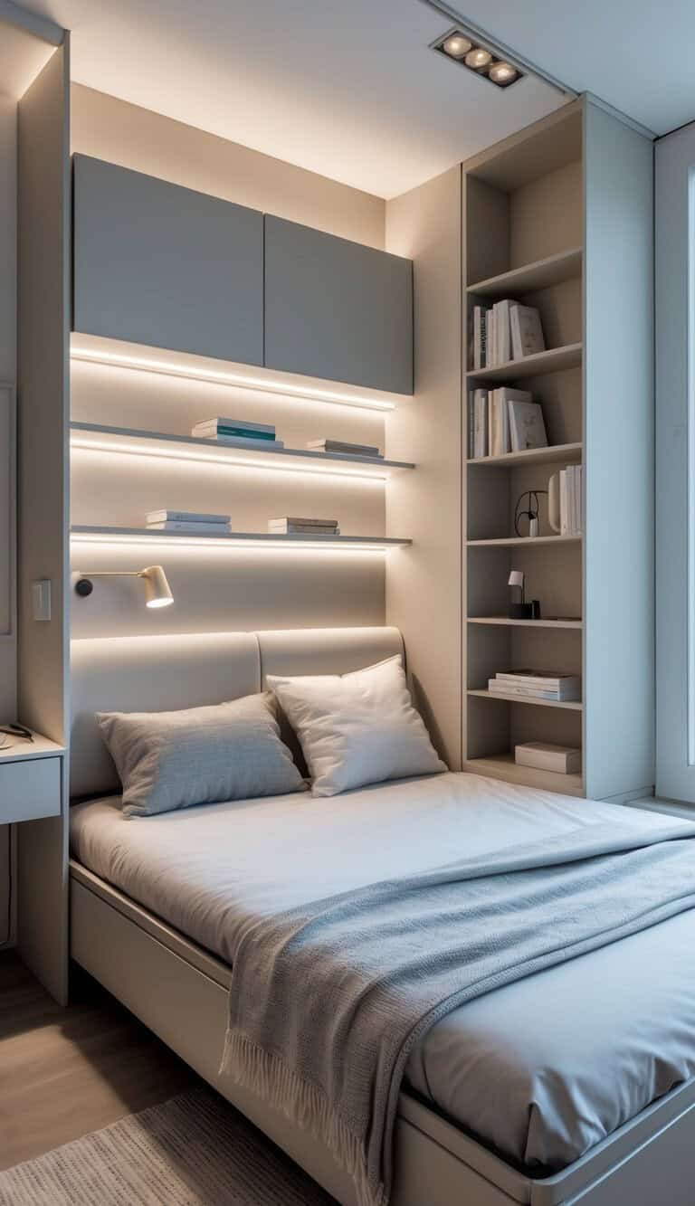 A modern, minimalist bedroom with a neatly made bed, built-in shelves, books, and soft ambient lighting.