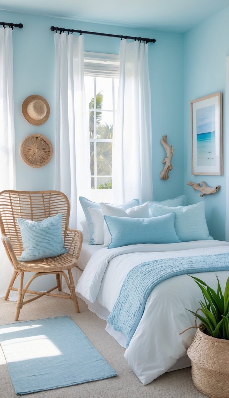 A bedroom with light blue walls, white bedding, blue accents, wicker chair, wall art, and a potted plant, styled in a coastal theme with natural light from a window.
