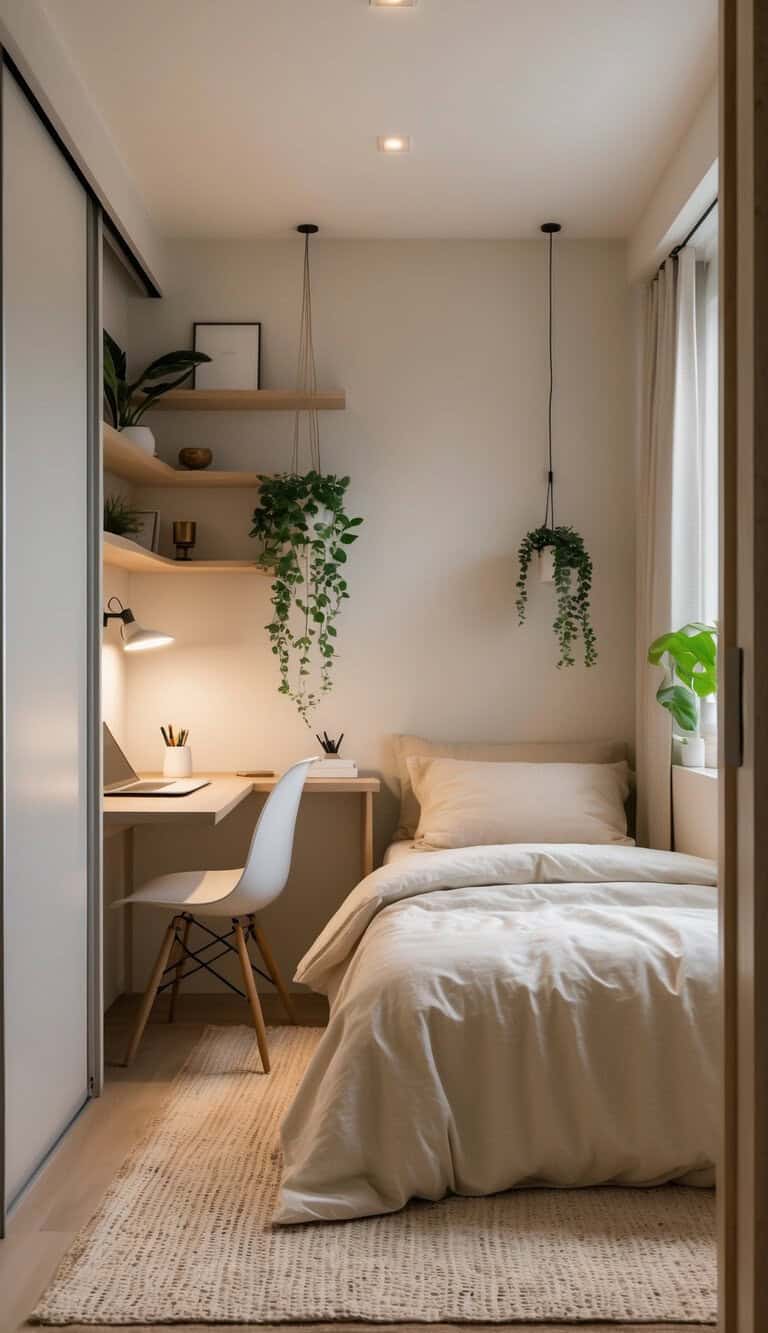 A small, tidy bedroom with a single bed, a desk with a lamp and chair, potted plants on shelves and hanging from the ceiling, and natural light from a window.