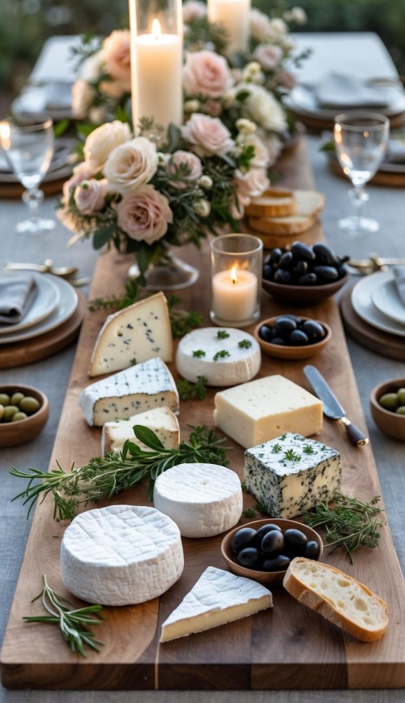 A wooden board with assorted cheeses, olives, herbs, and bread sits on a set dining table decorated with candles and a floral centerpiece.