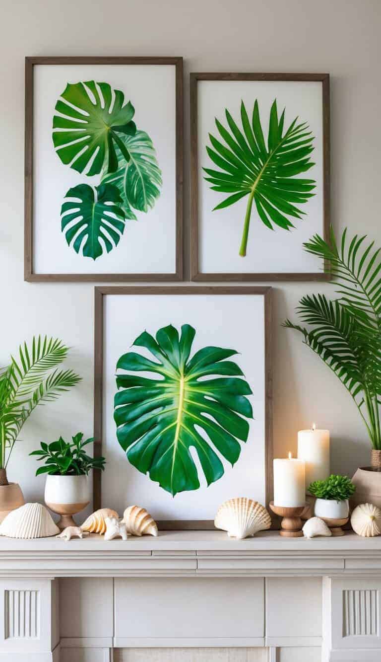 Three framed prints of green tropical leaves hang above a mantel decorated with potted plants, candles, and seashells.