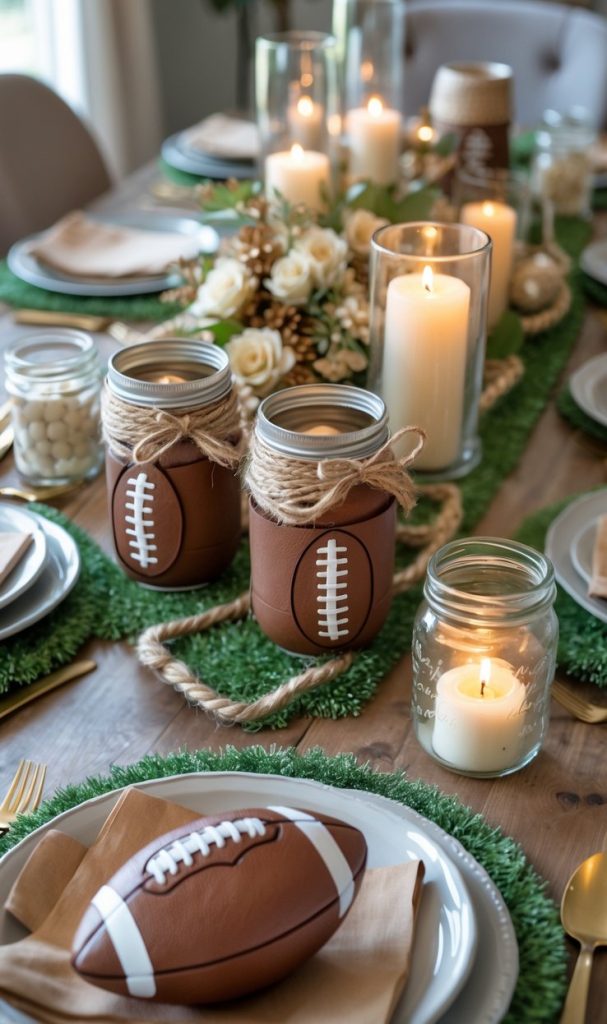 A dining table set with football-themed decor, including football-shaped jars, candles, artificial grass placemats, and a football centerpiece, ready for a meal.