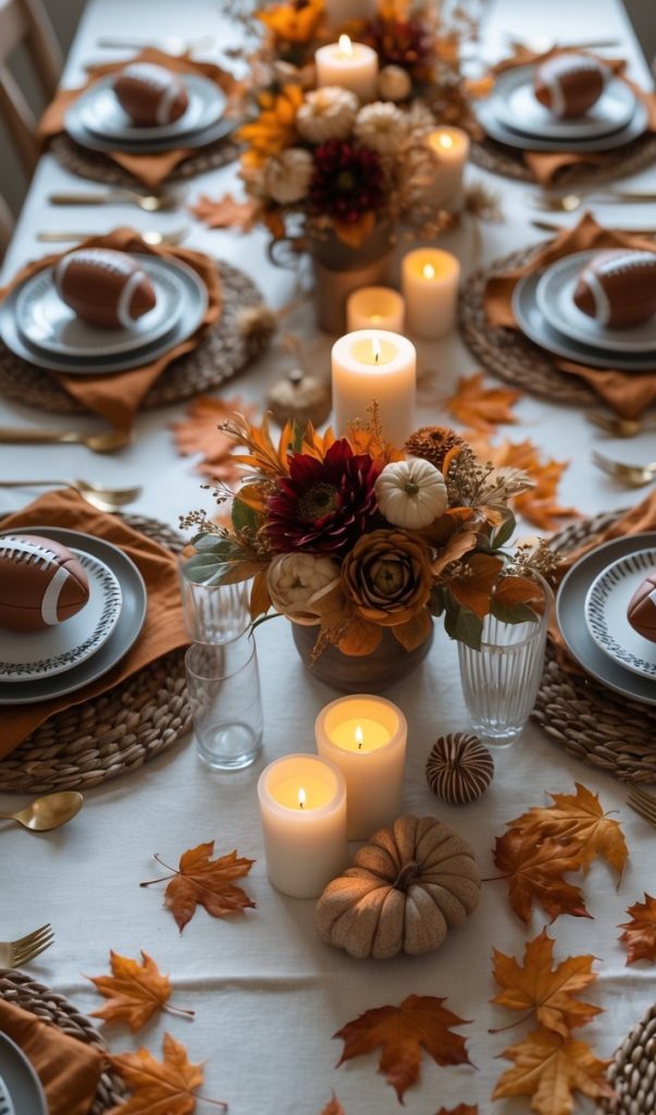A dining table set for a fall gathering with candles, autumn leaves, small pumpkins, floral arrangements, and plates with napkins at each place setting.