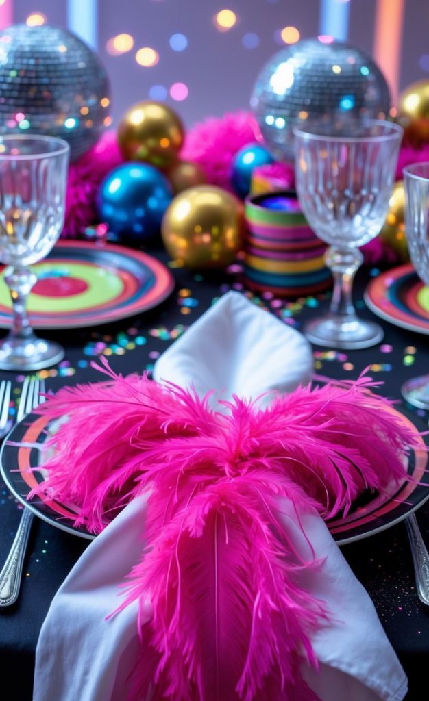 Table setting with pink feathers on a plate, surrounded by glassware, disco balls, gold and blue ornaments, and colorful confetti, evoking a festive party atmosphere.