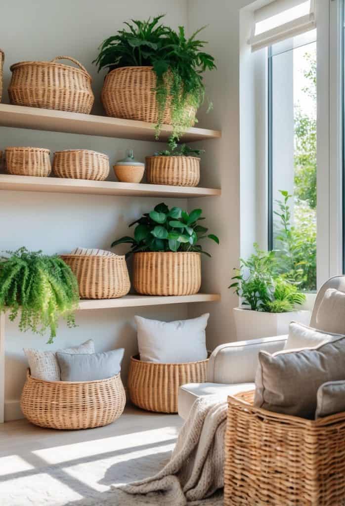 A bright living room corner with wicker baskets, green potted plants on shelves, and cushions arranged in baskets beside a sofa near a sunny window.