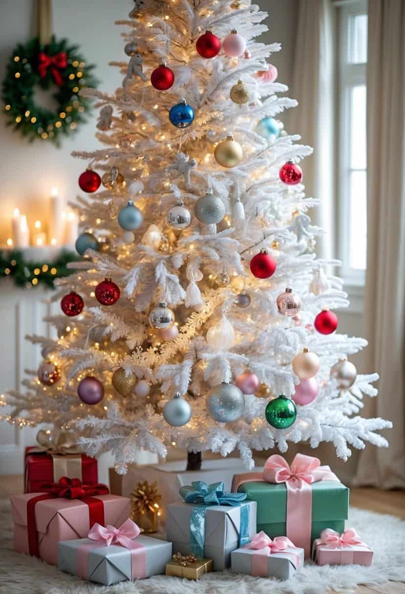 A white Christmas tree decorated with red, gold, silver, blue, and pastel ornaments, lit with warm white lights, surrounded by wrapped presents in a cozy indoor setting.