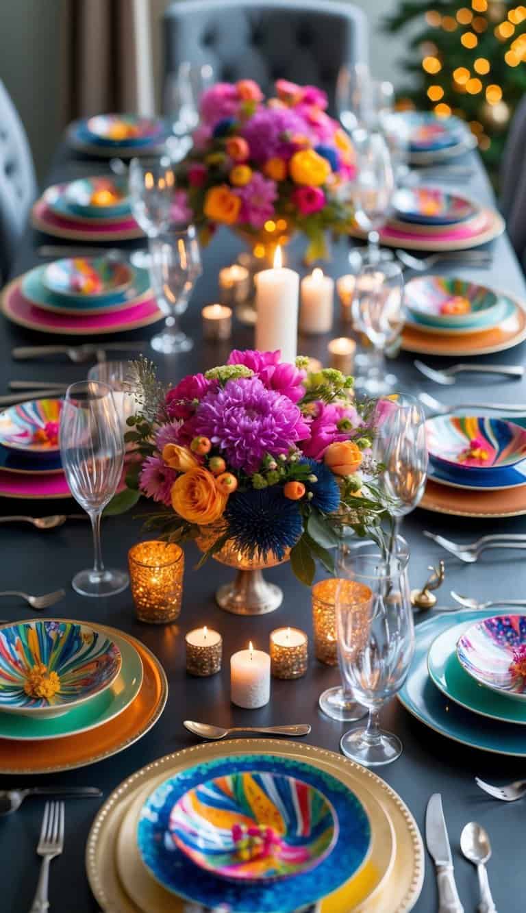 A dining table set with colorful plates, glasses, cutlery, candles, and floral centerpieces for a New Year's Eve celebration.