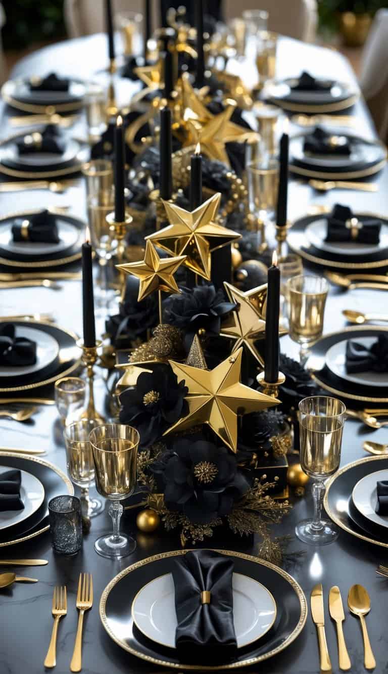 A dining table set with black and gold plates, glasses, cutlery, a star-themed centerpiece with candles and flowers, all arranged for a festive celebration.