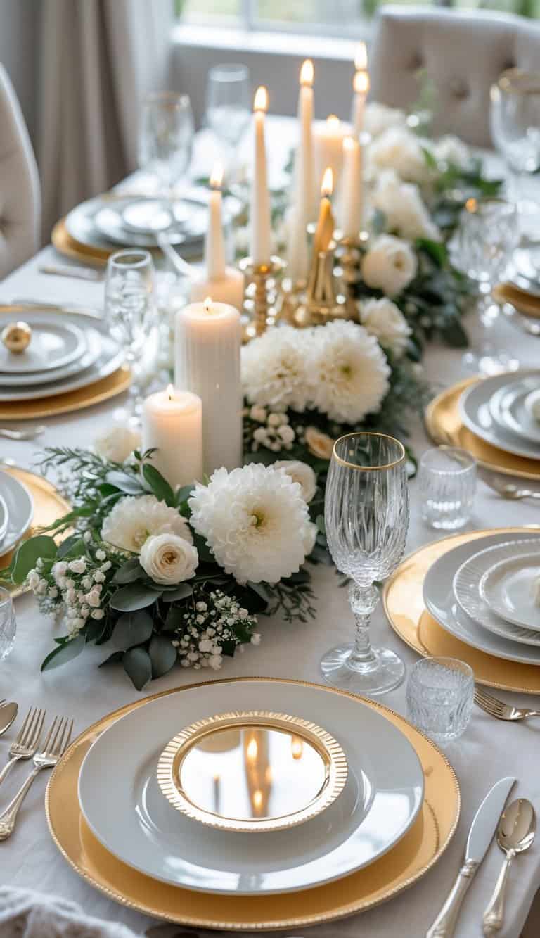 Dining table set for a New Year's Eve event with plates, glasses, cutlery, mirrored coasters, candles, and floral centerpiece.