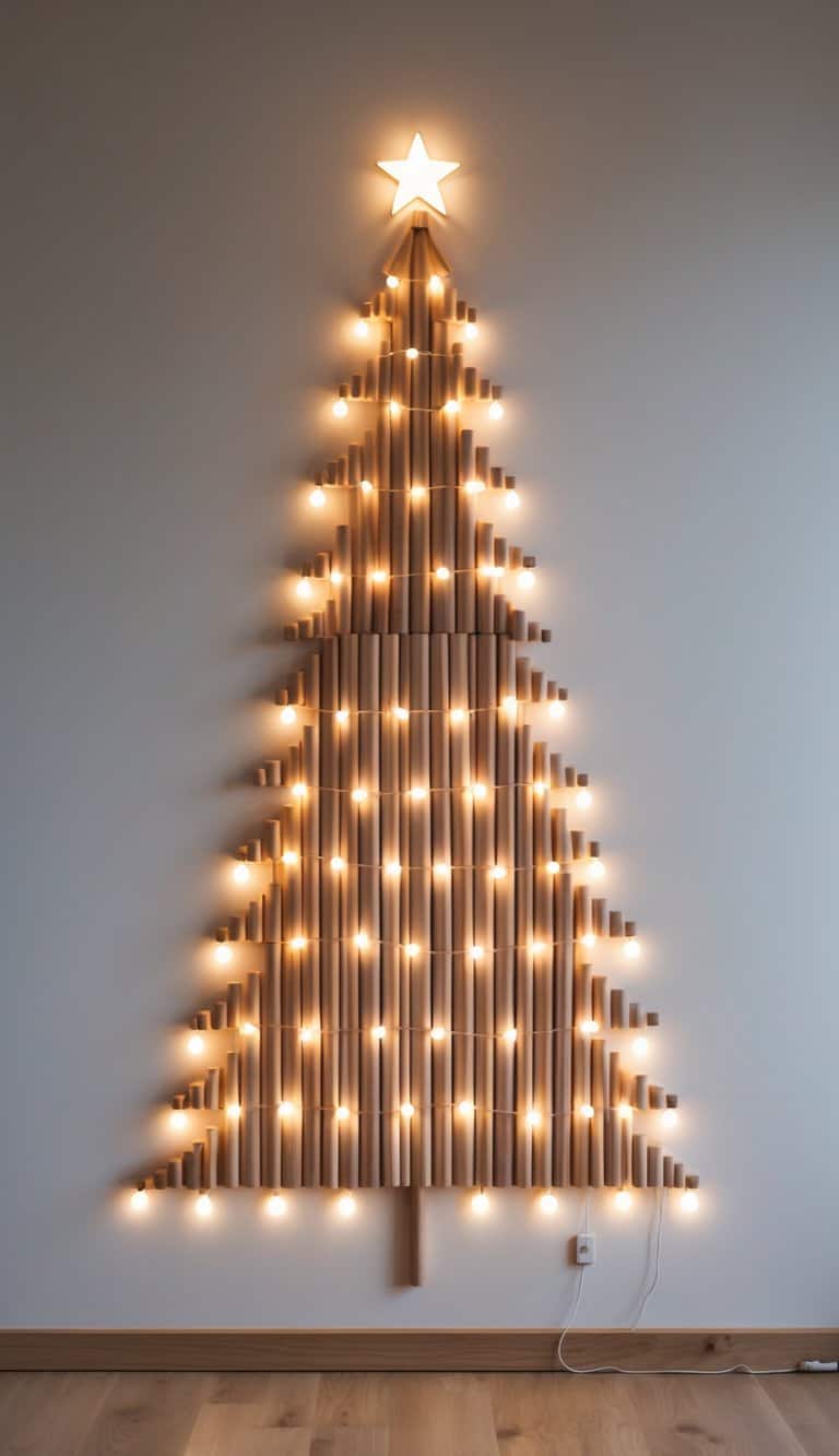 A wall-mounted Christmas tree made from wooden dowels with warm white string lights on a neutral wall.