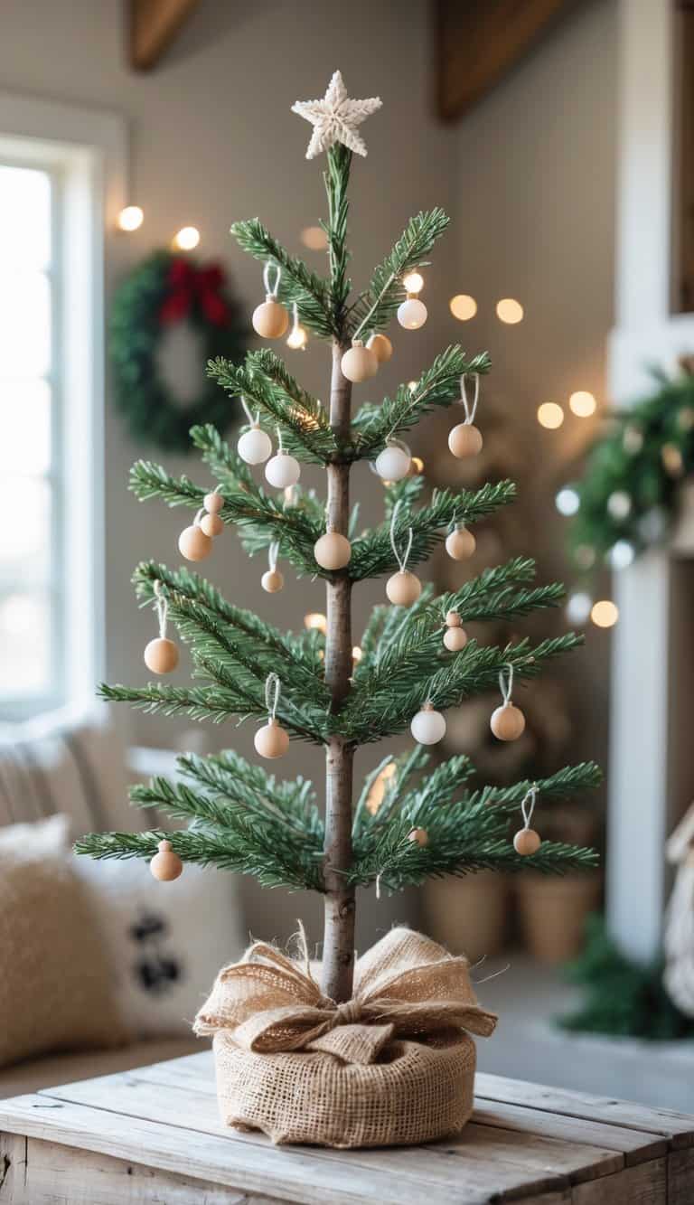 A small Christmas tree decorated with simple ornaments and wrapped in burlap, set indoors on a wooden surface.