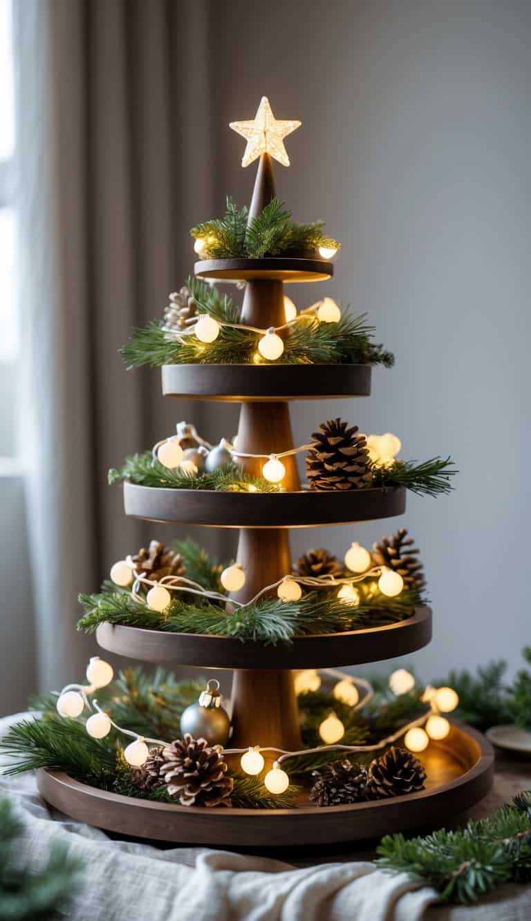 A tiered tray decorated with Christmas lights, ornaments, pinecones, and evergreen sprigs arranged to resemble a festive holiday tree.