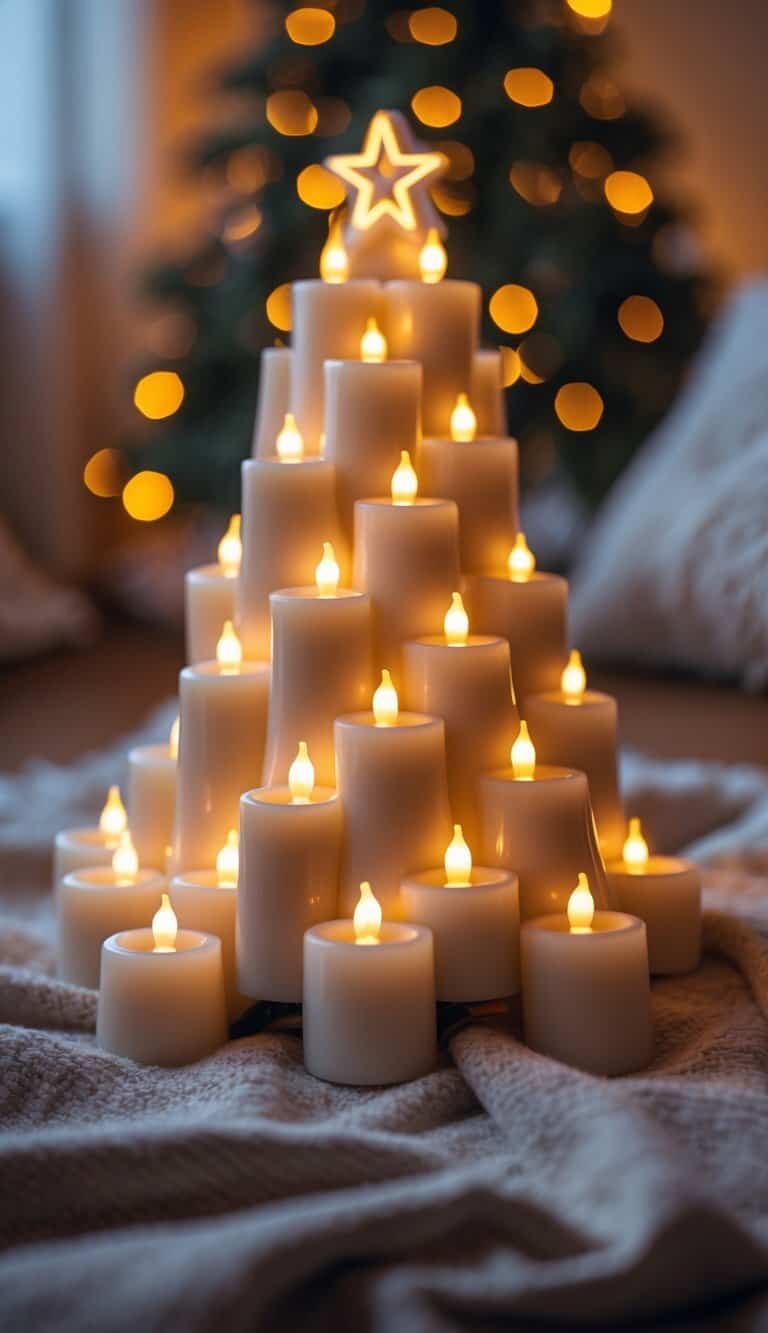 A cluster of LED candles arranged in the shape of a Christmas tree glowing warmly.