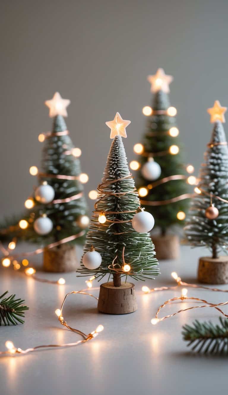 Small Christmas trees decorated with simple ornaments and wrapped in glowing copper wire mini lights.