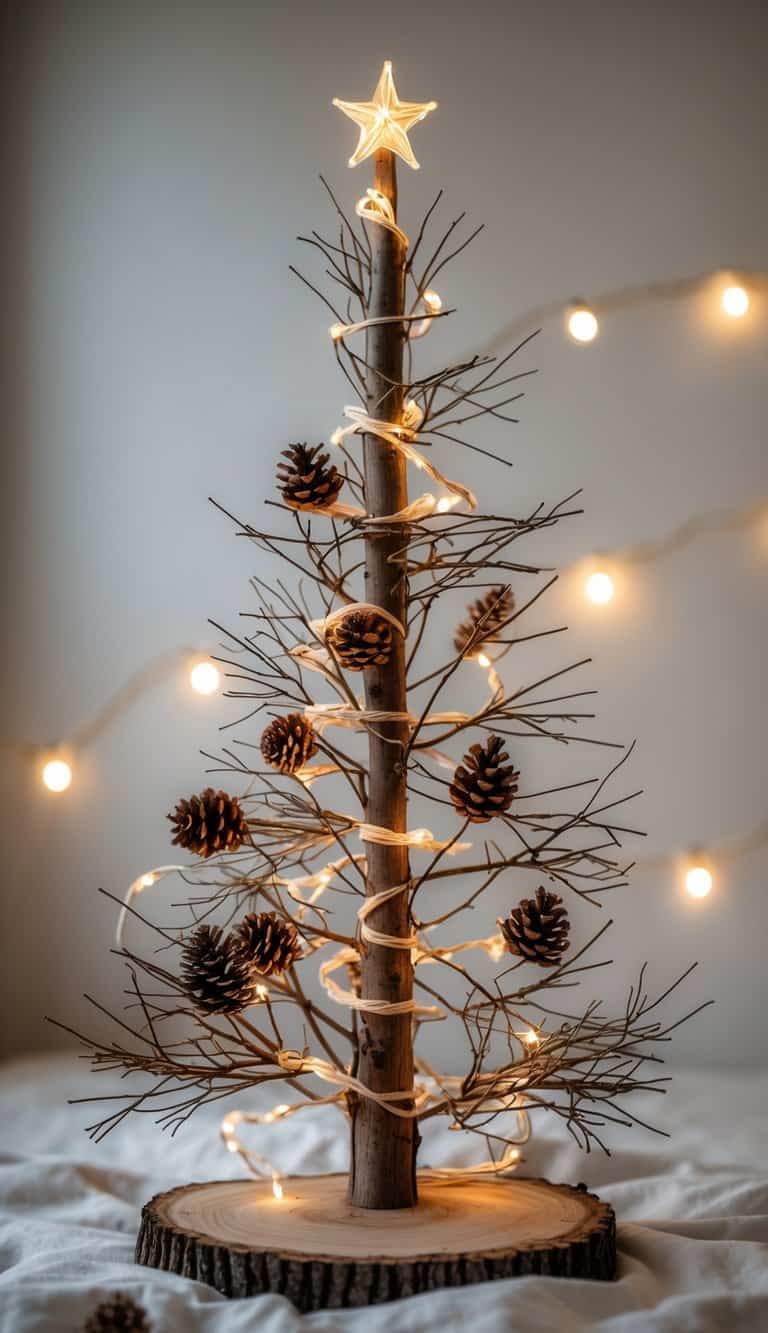 A twig Christmas tree decorated with pinecones and warm white lights on a neutral background.
