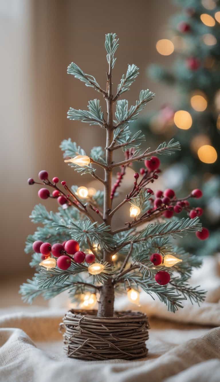 A small Christmas tree decorated with twigs and red berries on a softly blurred background.