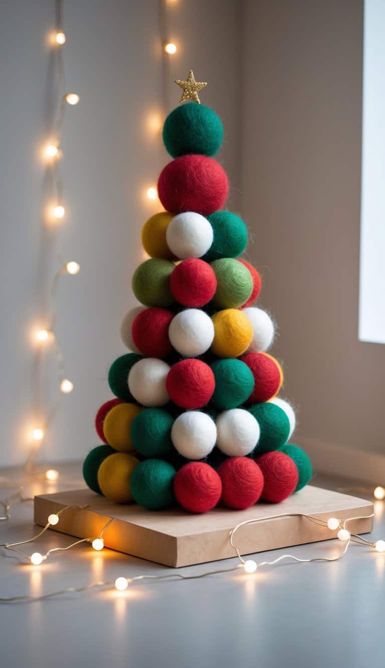 A Christmas tree made of colorful felt balls arranged on a board with warm white lights around it.