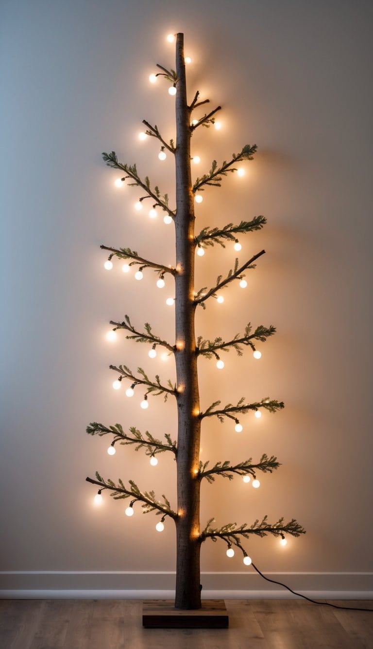 A repurposed tree branch decorated with warm white fairy lights arranged as a minimalist Christmas tree against a plain background.