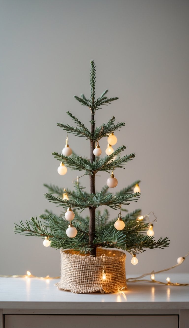 A small Christmas tree with a burlap base decorated with twinkle lights and simple ornaments.