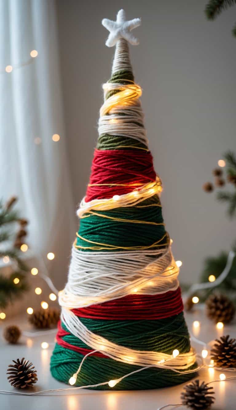 A yarn-wrapped cone-shaped Christmas tree sculpture decorated with glowing string lights on a neutral background.