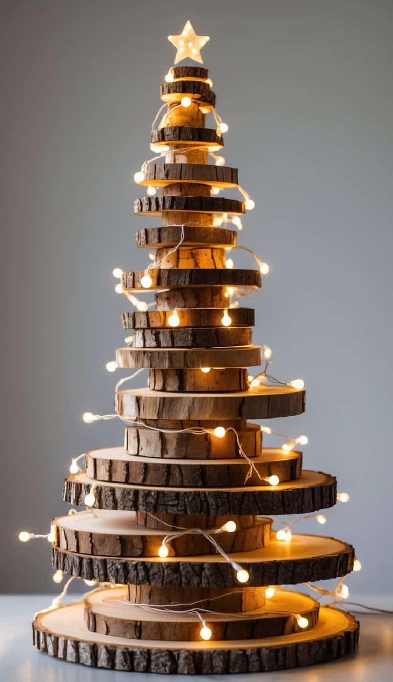 A Christmas tree made from stacked wood slices decorated with warm white string lights on a plain background.