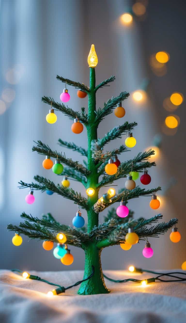 A small brightly painted Christmas tree decorated with multicolor lights and simple ornaments.