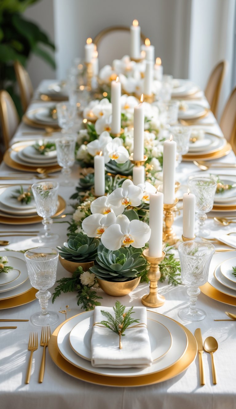 A dining table set with white and gold plates, gold cutlery, clear glasses, gold-leafed orchids and succulents, white and gold candles, and floral arrangements under natural light.