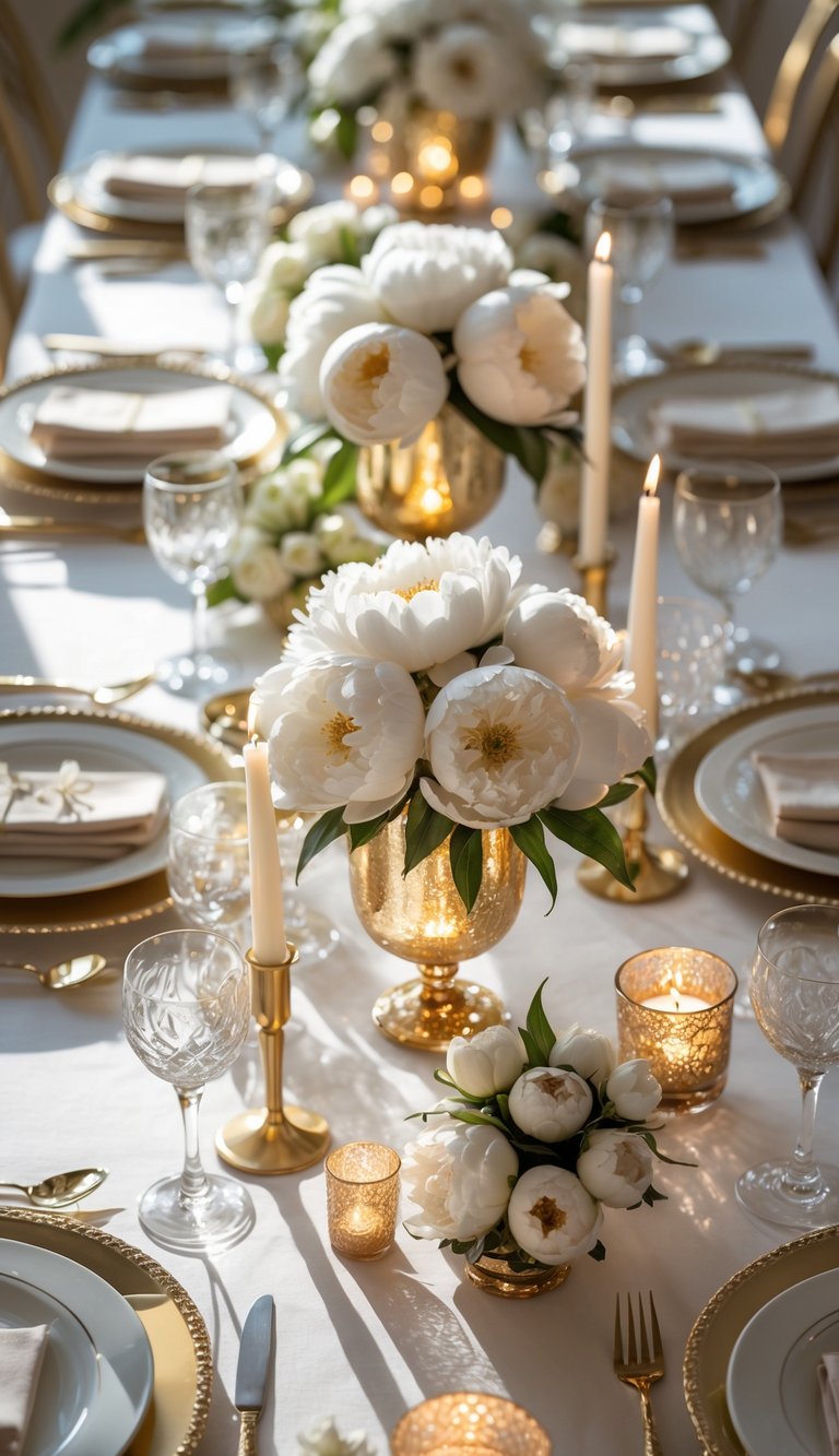 A dining table set with white peonies in gold vases, plates, glasses, cutlery, and lit candles arranged neatly for a holiday event.