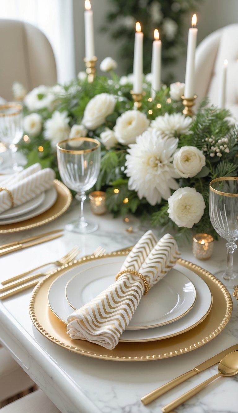 A dining table set with white and gold chevron napkins, white plates with gold rims, gold cutlery, clear glasses, a floral centerpiece, and lit candles.