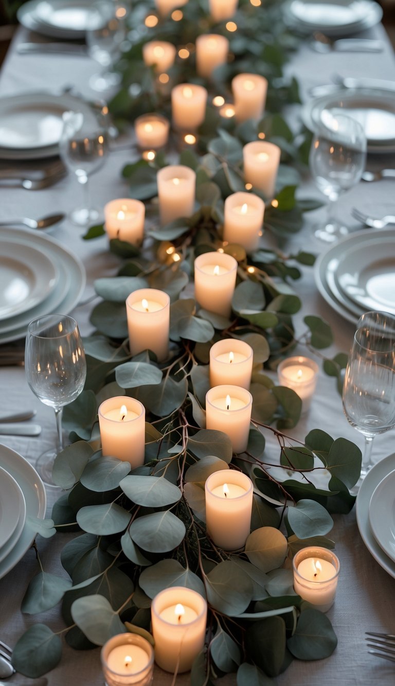 A dining table set with plates, glasses, cutlery, eucalyptus branches, and lit votive candles.