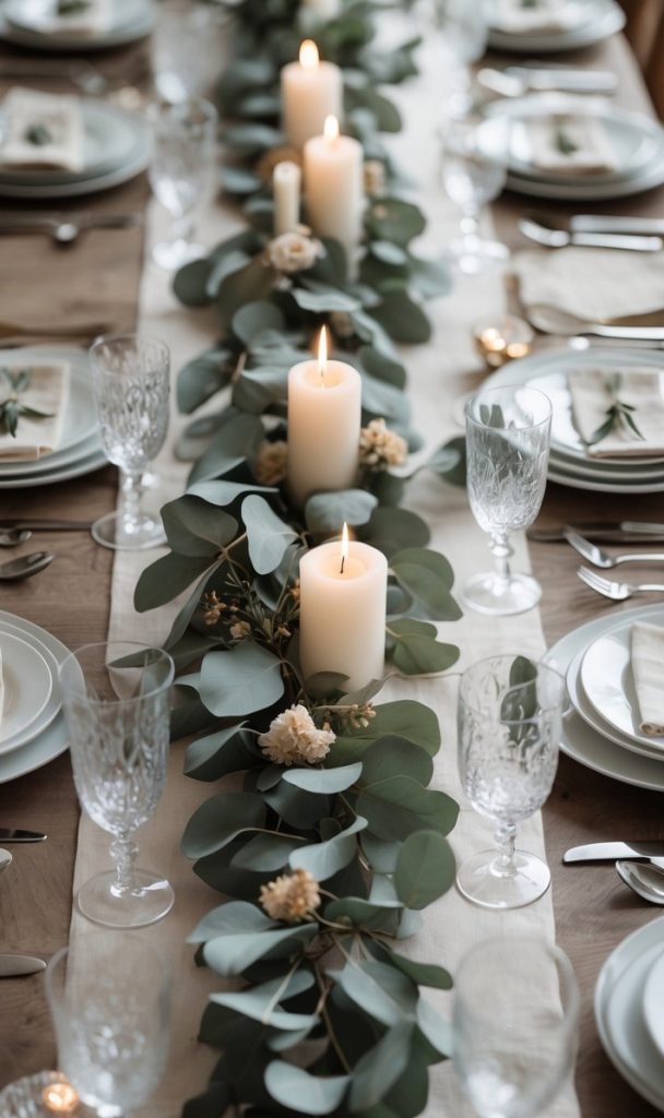 A dining table set for a formal meal, decorated with white candles, green eucalyptus leaves, and white flowers arranged along a beige table runner.