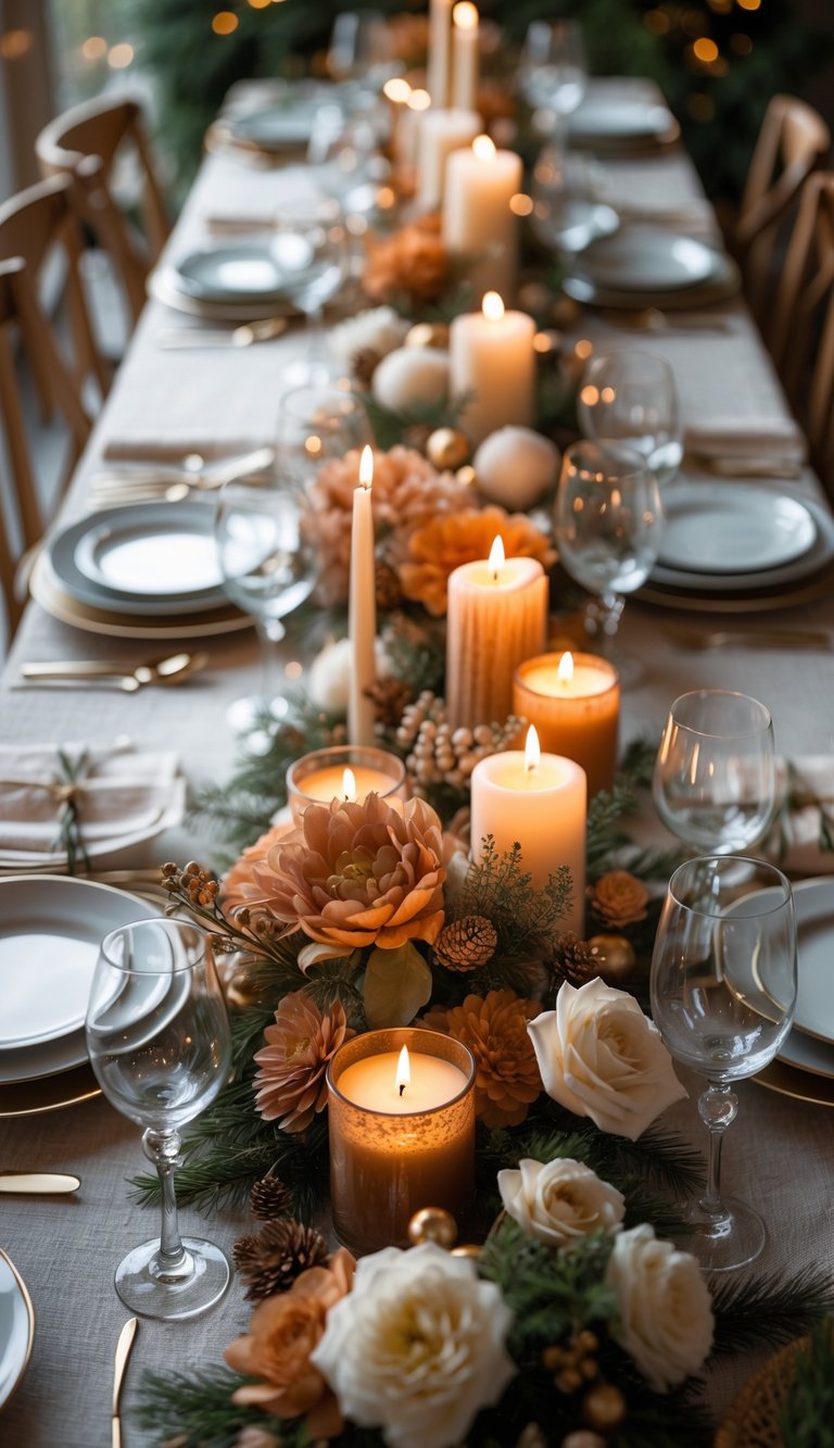 A dining table set with plates, glasses, cutlery, cinnamon and vanilla candles, and floral centerpieces under soft natural light.