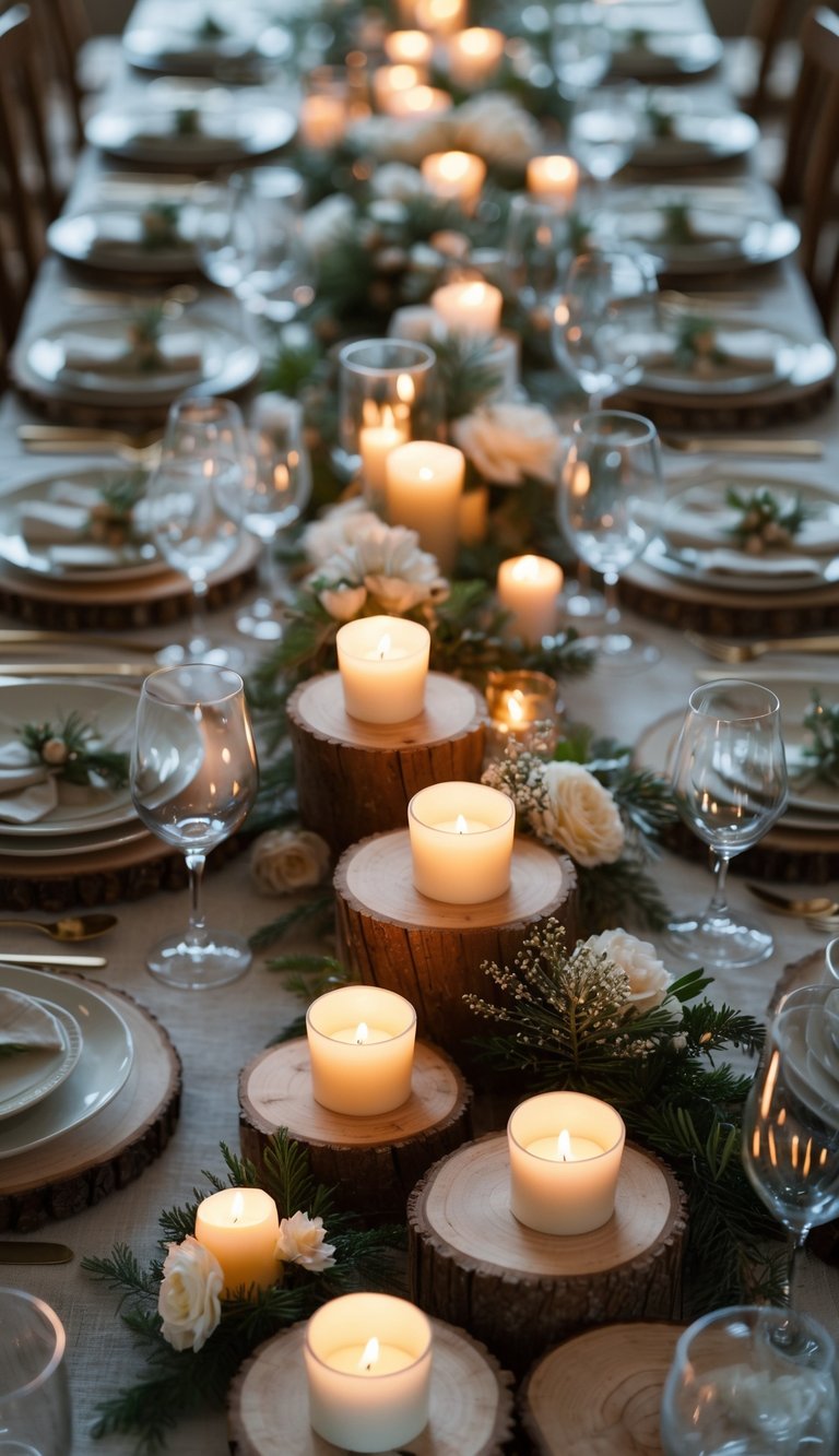 A dining table set with plates, glasses, cutlery, wood slice candle bases with lit candles, and floral centerpieces under natural light.