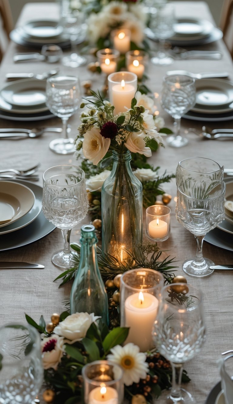A dining table set with plates, glasses, cutlery, vintage glass bottles holding candles, and floral centerpieces under natural light.
