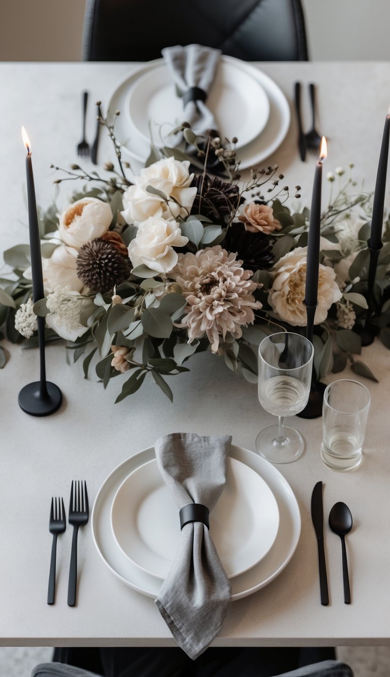 A dining table set with white plates, slim black flatware, clear glasses, floral centerpieces, and candles, lit by natural light.