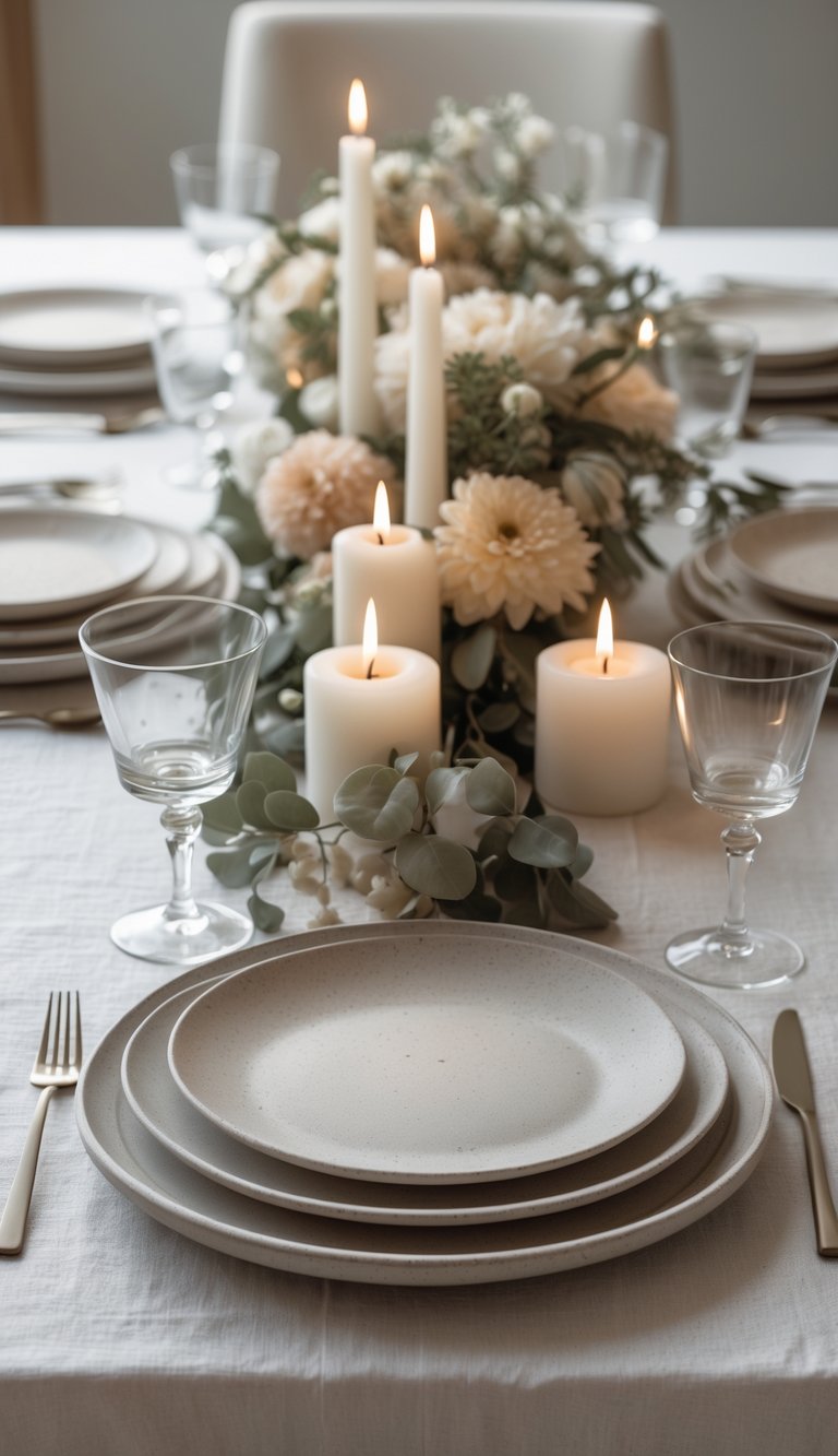 A dining table set with stoneware side plates, glasses, cutlery, candles, and floral centerpieces under natural light.