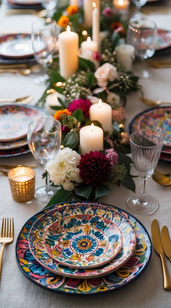 A dining table set with colorful patterned plates, gold cutlery, glassware, and a floral centerpiece with lit candles.