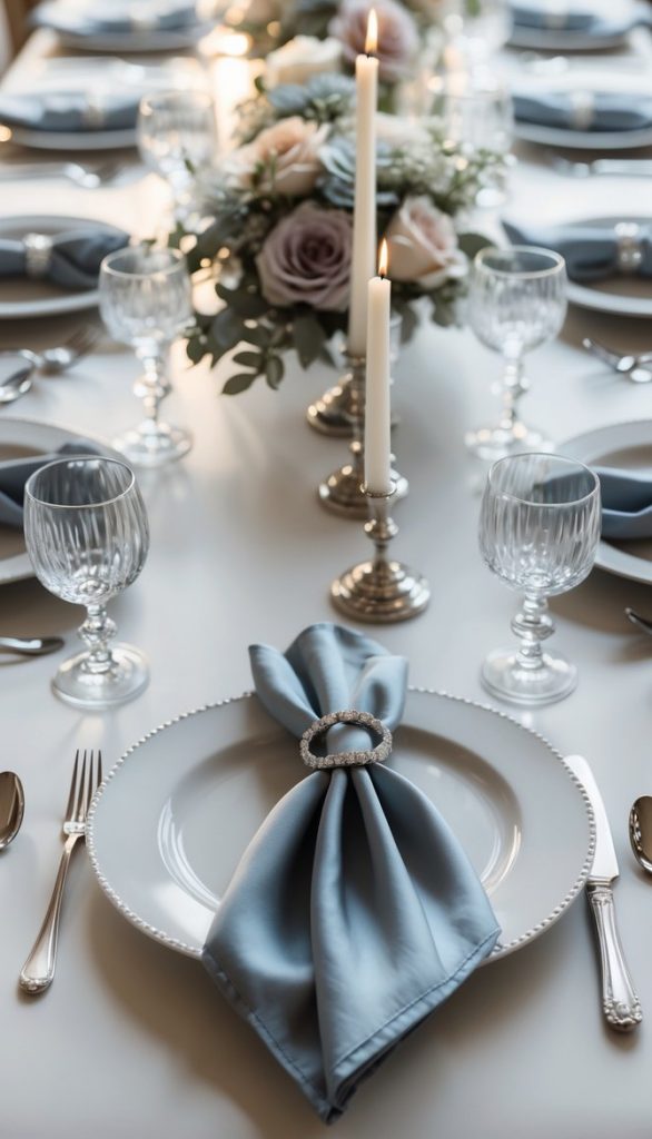 A formal dining table set with white plates, blue napkins in rings, crystal glasses, silver cutlery, candles, and floral centerpieces.